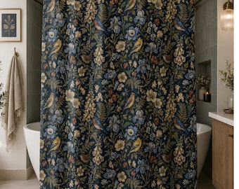 Cortina de Chuveiro com Estampa de Pássaros em Estilo Dark Academia - Cortina de Chuveiro Elegante para Decoração de Banheiro com Tema de Natureza Escuro e Intimista.