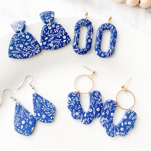Clay Floral Earring Dangles Statement Earring Modern Flower Earring Unique Lightweight Hypoallergenic Earring Navy Blue and White Geometric