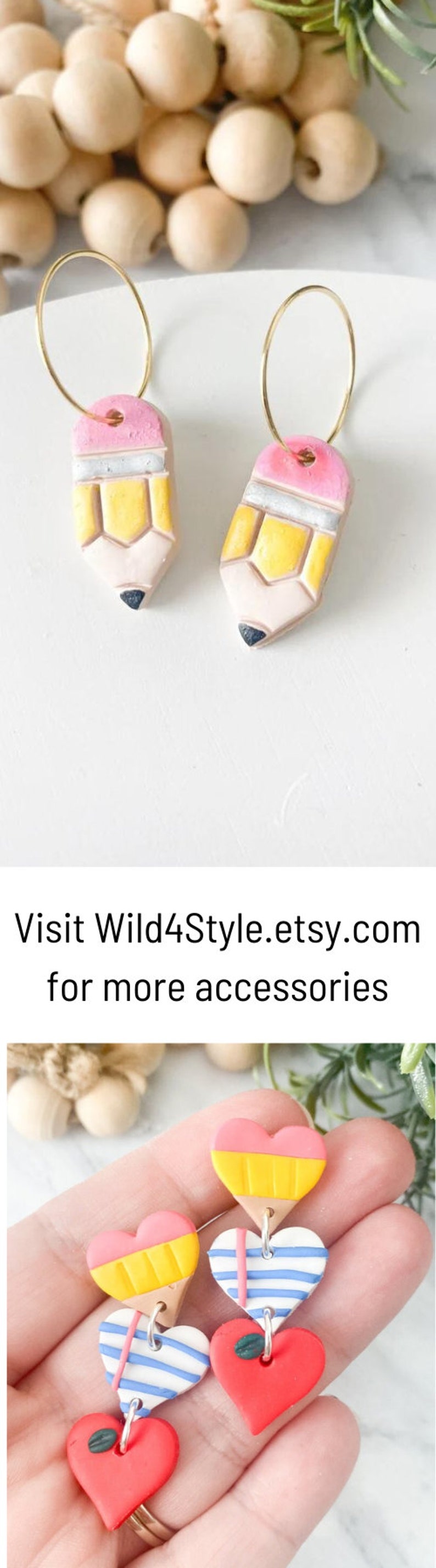May include: A pair of whimsical pencil-shaped earrings with gold hoops. The earrings feature pink erasers, yellow pencil bodies, and black tips. The image also shows heart-shaped earrings in red, blue, and white.