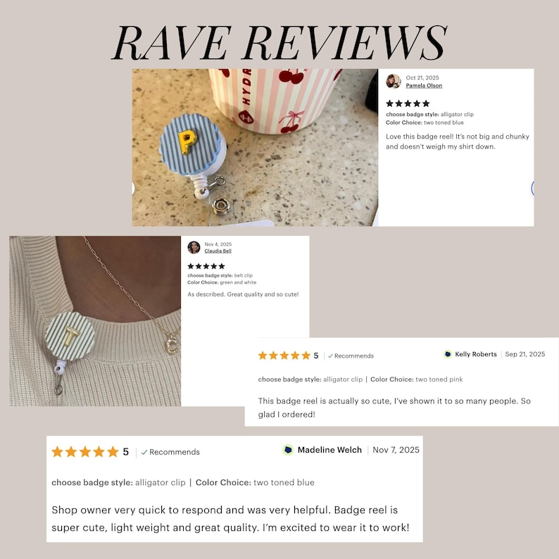 Puede incluir: Una colecci&oacute;n de rese&ntilde;as de clientes titulada RAVE REVIEWS con im&aacute;genes de portatarjetas circulares con patrones de rayas e iniciales. Los portatarjetas se muestran en colores azul y verde con clips de cocodrilo y clips para cintur&oacute;n.
