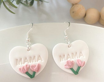 Handmade polymer clay MAMA dangle earrings Mother’s Day earrings gift for Mom heart floral earrings lightweight/hypoallergenic earrings