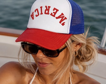 American Trucker Hat Foam Embroidered 4th of July Hat Trendy Upside Down Hat Cute Patriotic Merica Hat Red White and Blue Apparel Summer