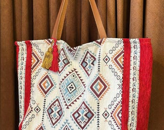 Bolso tote tribal bohemio / Bolso de hombro grande tejido / Bolso de mano étnico geométrico / Bolso de playa / Regalo bohemio para ella