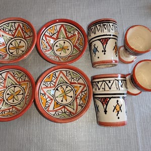 Handmade Moroccan Berber Pottery Set – 4 Small Dishes, 2 Cups, and 2 Egg Holders