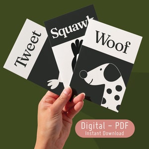 Flashcard per neonati, animali ad alto contrasto in bianco e nero - Schede educative per l'apprendimento del bambino, Decorazioni accattivanti per la cameretta, Download istantaneo, PDF