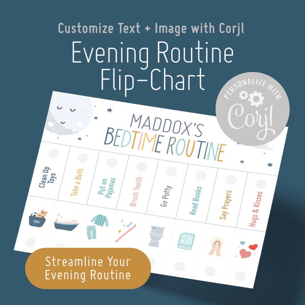 Bedtime Flip Done Routine Chart I Toddler Routines I Visual Schedule I Kids Evening Routine | Corjl Template