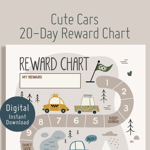 May include: A digital reward chart with a car theme. The chart features a taxi and a green car, along with the text "Cute Cars 20-Day Reward Chart" and "Reward Chart". The chart includes spaces for rewards and progress tracking.