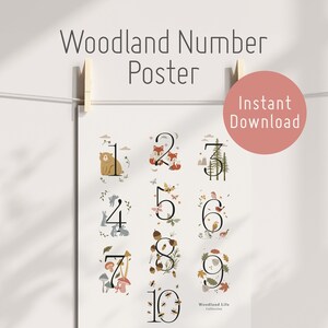 Cartel de números de bosque, Contar, Aprender a contar, Sala de niños, Educación, Aula, Género neutro, 5 tamaños, PDF digital, Descarga instantánea