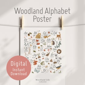 Cartel del alfabeto de Woodland Life, Aprende tu ABC, Sala de niños, Educación, Aula, Género neutro, 5 tamaños, PDF digital, Descarga instantánea