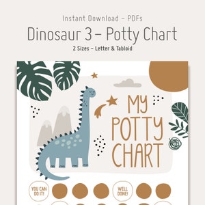 May include: A blue dinosaur with a star above it and the text "My Potty Chart" in brown. The chart has a section for "You Can Do It!" and "Well Done!" with circles for stickers.