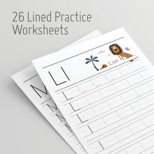 May include: A set of 26 lined practice worksheets featuring the letter L and a cartoon lion with the word "Lion" printed below. The worksheets are designed for children learning to write.