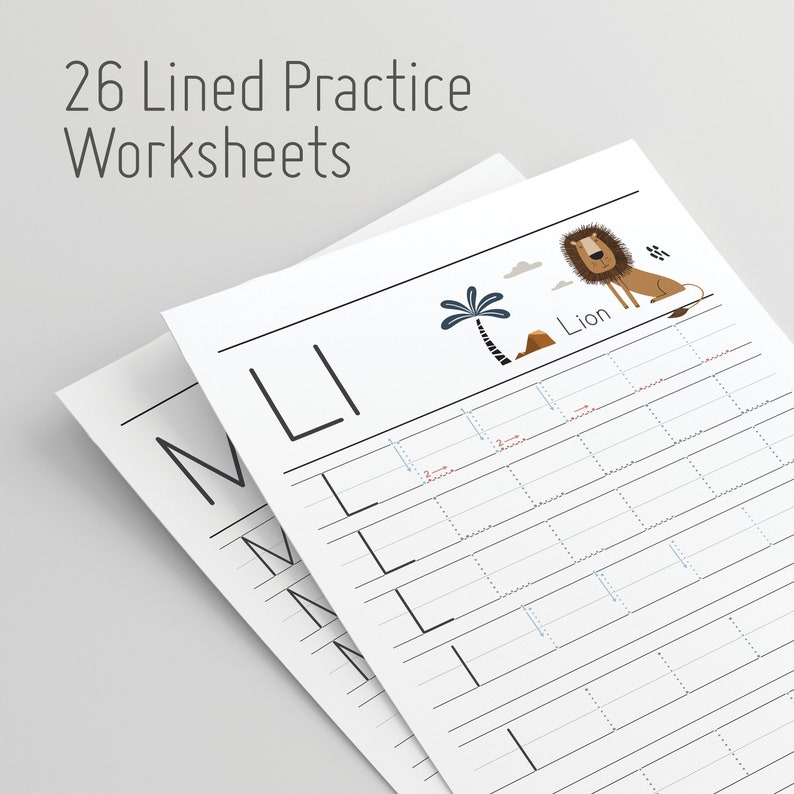 May include: A set of 26 lined practice worksheets featuring the letter L and a cartoon lion with the word "Lion" printed below. The worksheets are designed for children learning to write.