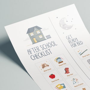 May include: A printable checklist for children to follow after school and before bed. The checklist includes activities such as washing hands, unpacking their bag, having a snack, playing, and practicing music. The checklist is illustrated with cute cartoon images.