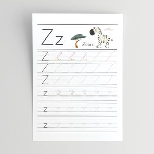 May include: A printable worksheet for learning the letter Z. The worksheet features a zebra with black and white stripes, a green tree, and a blue cloud. The letter Z is written in black and the word "Zebra" is written in black below the image. The worksheet has dotted lines for tracing the letter Z.