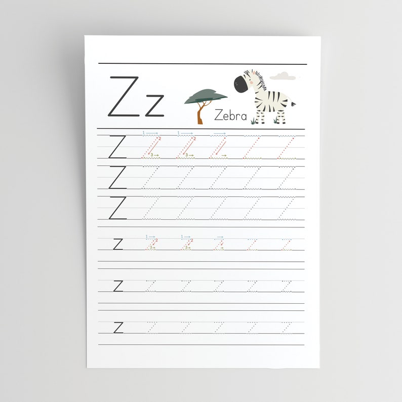 May include: A printable worksheet for learning the letter Z. The worksheet features a zebra with black and white stripes, a green tree, and a blue cloud. The letter Z is written in black and the word "Zebra" is written in black below the image. The worksheet has dotted lines for tracing the letter Z.
