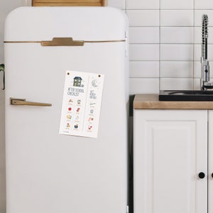 May include: Two white magnetic checklists with colourful illustrations and text. The left checklist is titled "After School Checklist" and the right checklist is titled "Get Ready for Bed".