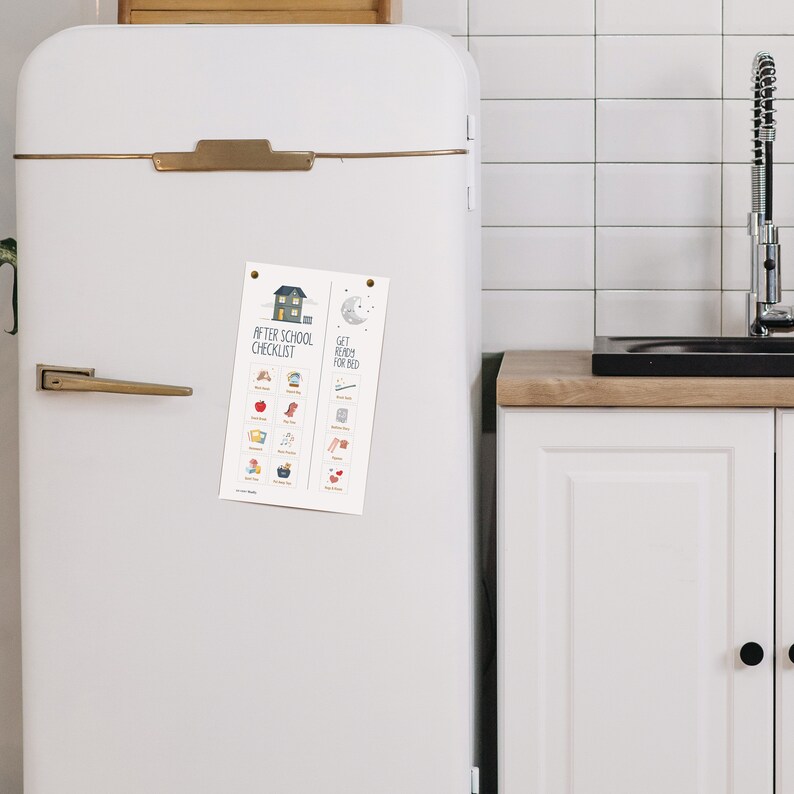 May include: Two white magnetic checklists with colourful illustrations and text. The left checklist is titled "After School Checklist" and the right checklist is titled "Get Ready for Bed".
