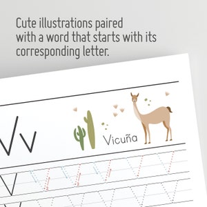 May include: A printable worksheet for learning the letter V. The worksheet features a cartoon illustration of a vicu&ntilde;a, a cactus, and dotted lines for tracing the letter V.