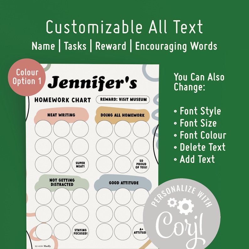 Kids Customizable Homework Chart With Rewards | Editable and Printable ...