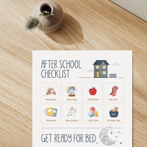 May include: A printable checklist for children to follow after school. The checklist includes activities such as washing hands, unpacking their bag, snack break, playtime, homework, music practice, quiet time, and putting away toys. The checklist also features a cute illustration of a house, a red apple, a dinosaur, a teddy bear, and a crescent moon.