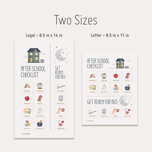 May include: Printable checklist for children to use after school and before bed. The checklist includes activities like washing hands, unpacking bags, snack break, playtime, homework, music practice, quiet time, putting away toys, brushing teeth, bedtime story, pyjamas, hugs and kisses. The checklist is available in two sizes: 8.5 x 14 inches and 8.5 x 11 inches.