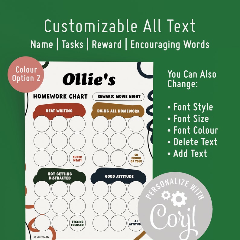 Kids Customizable Homework Chart With Rewards | Editable and Printable ...