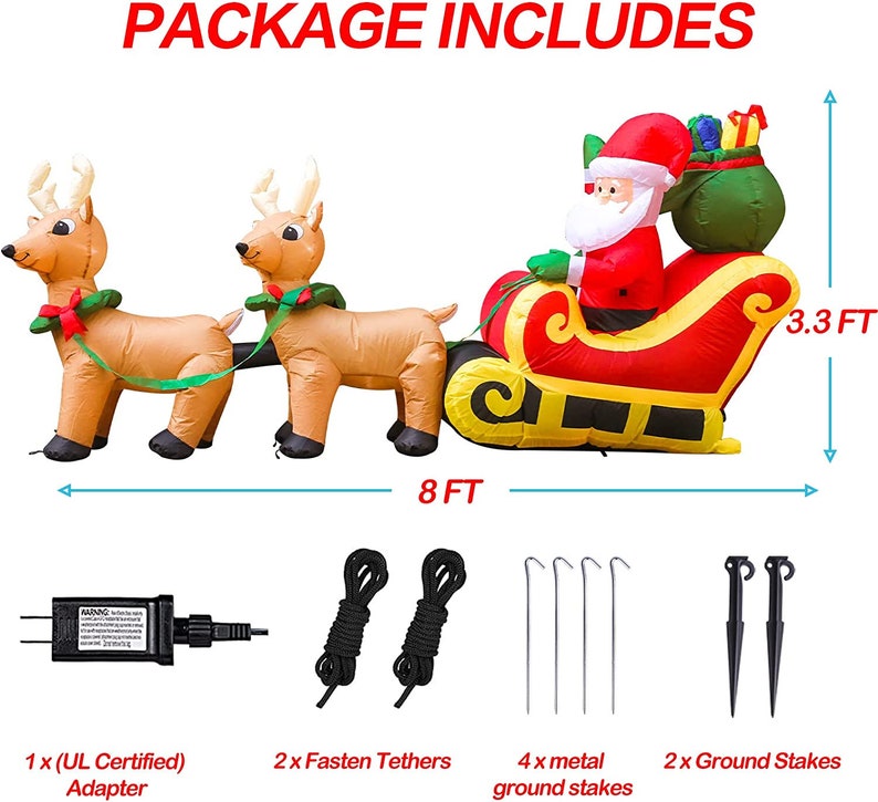 8 FT Long Christmas Inflatables Santa on Sleigh With 2 Etsy