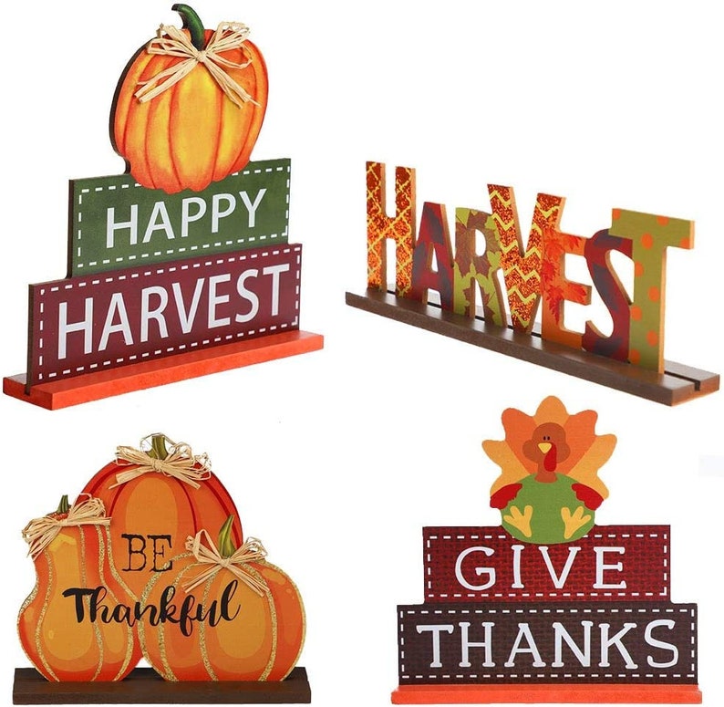 4 Pack Thanksgiving Themed Table Centerpiece Signs Wood Etsy
