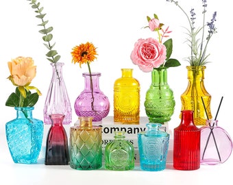 Mini Coloful Bud Vases in Bulk,Small Flower Vases for Centerpieces,Vintage Embossed Style Glass Bottles for Rustic Wedding,Home,Table Decor