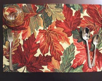 4 Piece Autumn Orange Brown Thanksgiving Leaves Fall Foliage Tapestry Woven Kitchen Dining Table Placemat Set