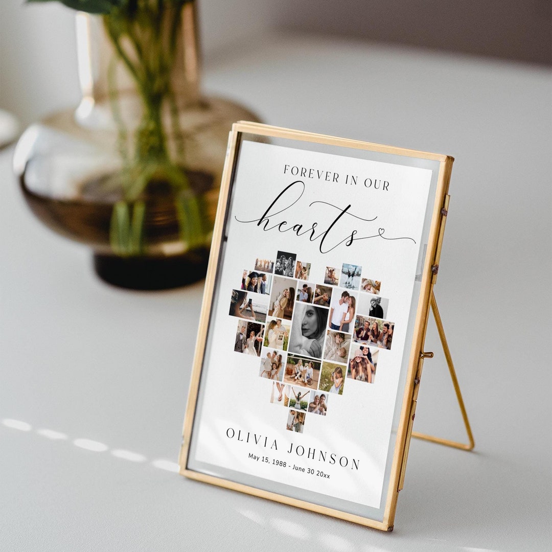 Funeral Photo Collage Table Sign, Forever in Our Hearts, Heart Collage ...