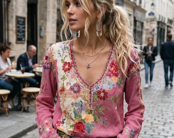 Bluzka z lnu i bawełny z haftem, koszula w kwiaty w stylu boho, luźna tunika w stylu vintage