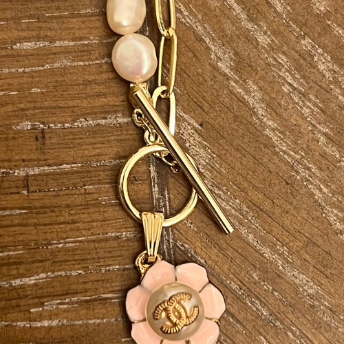 Genuine pearl and online gold tone paper clip chain necklace with flower button pendant - handmade!