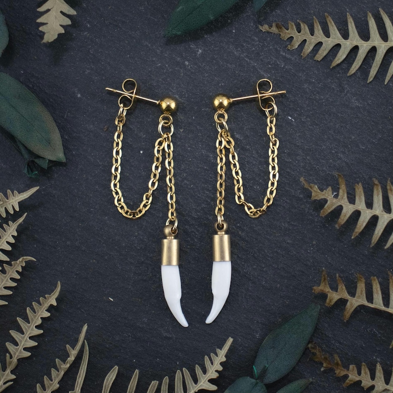 Gold fang earrings on stainless steel chain with cowgirl boho style