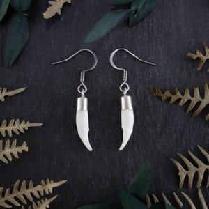May include: A pair of silver earrings with white tooth-shaped charms. The earrings are hanging from a dark background.