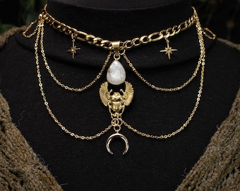 Solar Scarab Choker - Layered Moon Crescent Chain Choker with Scarab Pendant | Celestial Choker