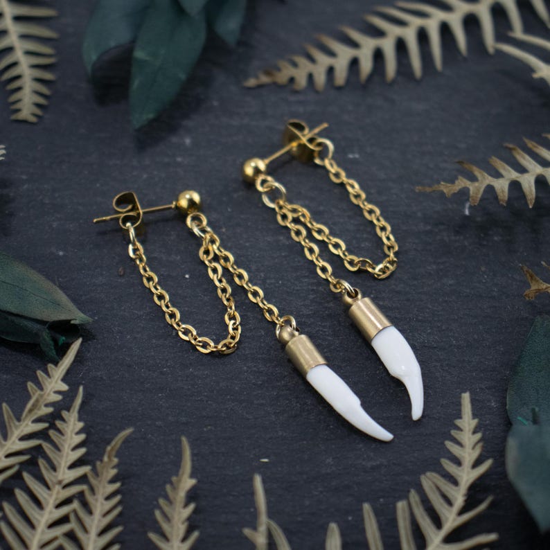Fang earrings gold stainless steel chain handmade cowgirl jewelry