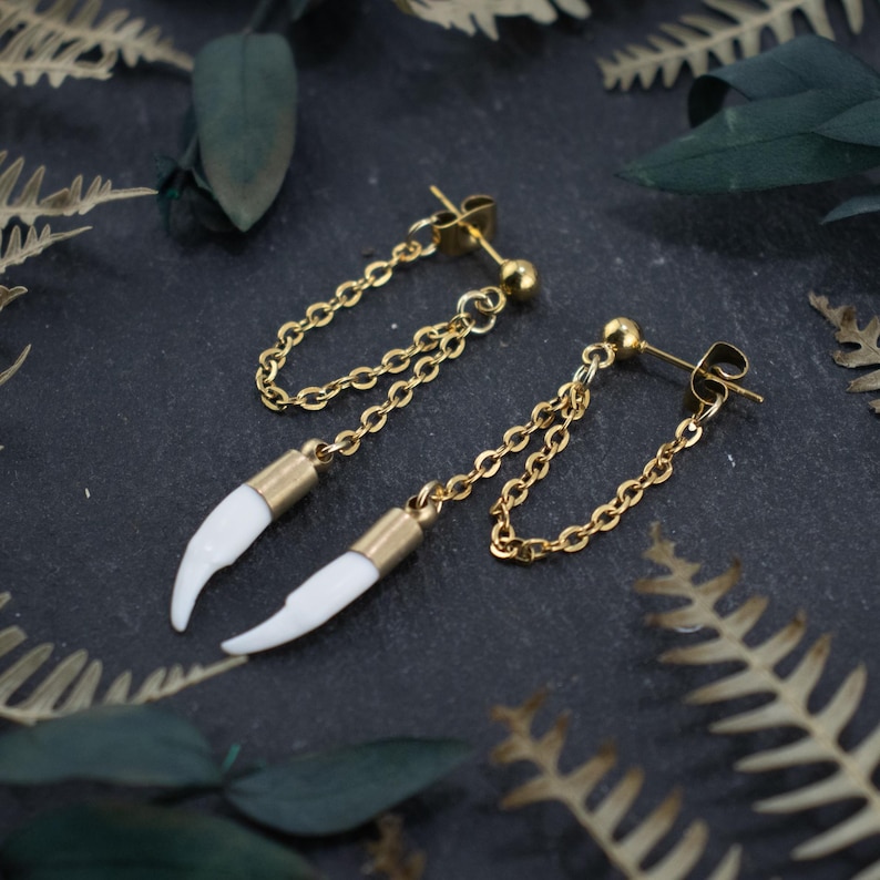 Boho cowgirl fang earrings with gold stainless steel chain