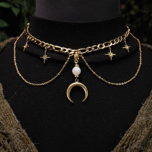 Moonshard Glow Choker | Moon Crescent Chain Choker with Star Charms | Whimsical Jewelry