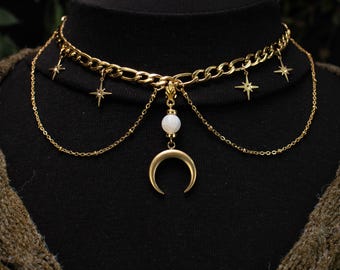 Moonshard Glow Choker | Moon Crescent Chain Choker with Star Charms | Whimsical Jewelry