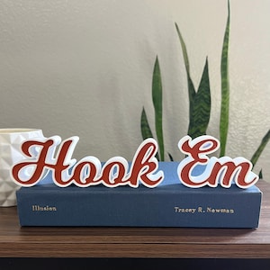 May include: A white and red "Hook Em" decorative sign, resting on a blue book. The sign is in a cursive font, with a red outline and white fill. The book has the title "Illusion" and the author's name.