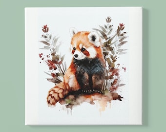 May include: A watercolor painting of a red panda sitting in a bed of brown and green foliage. The red panda is looking to the left of the image. The background is white.