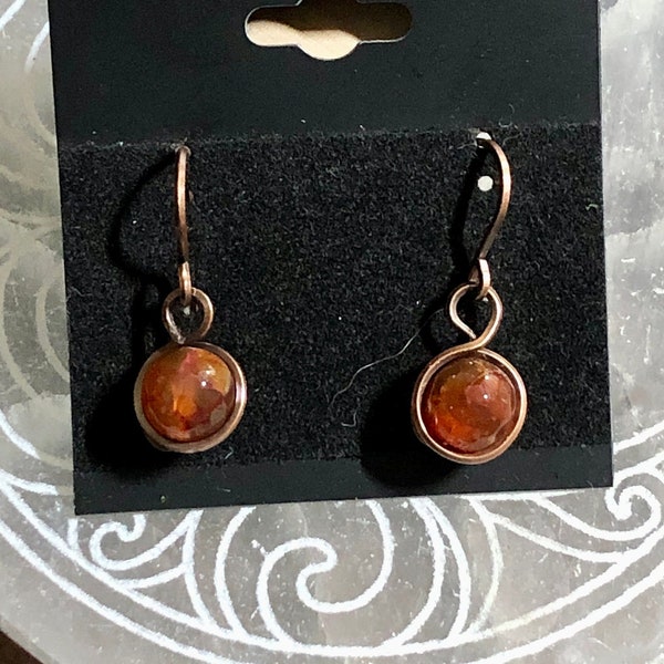 Carnelian bead wire wrapped earrings in oxidized copper