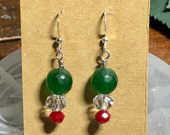 Faceted green, clear and red beaded earrings