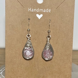 Lavender crackle-glass earrings in silver~ herringbone style
