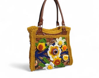 Bolso tote artesanal con estampado floral 3D, detalles en tela, piel y punto, cierre de cremallera, doble asa, bolsillo interior, ideal para uso diario.