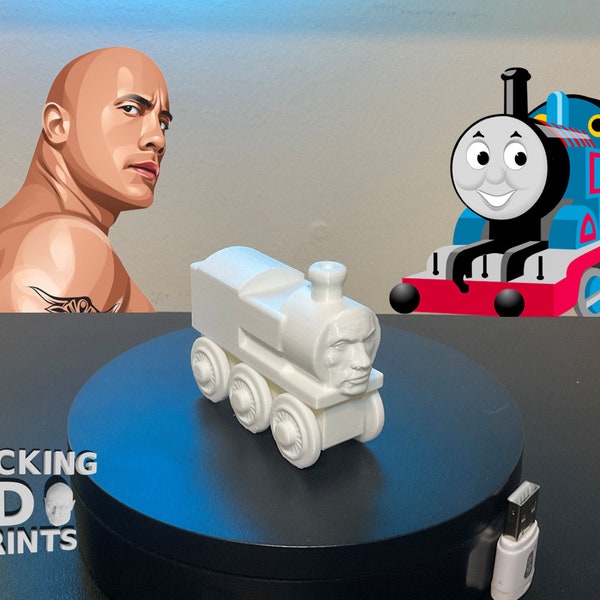 Rock The Train Engine Vehicle 3D Printed Figure Statue Thomas, Dwayne Johnson, Prank Gifts, Desk Companion, Paintable, Custom Colors