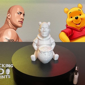 Winnie the Rock Pooh 3D Printed Figure Statue Honey Bear, Disney, Dwayne Johnson, Prank Gifts, Desk Companion, Paintable, Custom Colors