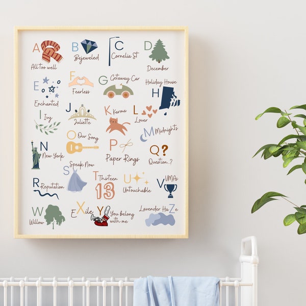 Swiftie ABCs, alphabet nursery print, taylor swift themed nursery wall art, swiftie decor, taylor swift digital print, eras tour print