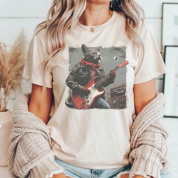 Cool Cat Guitarist Tee - Realistic Vector Art, Detailed Illustration, Cat Playing Guitar T-Shirt, Trendy Art Graphic T-Shirts, Music tee,